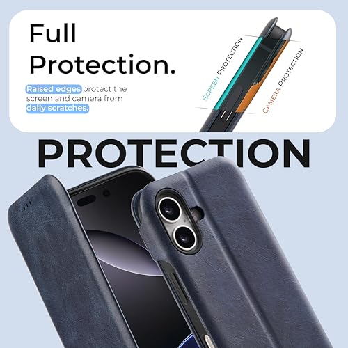 Image of PULOKA - Sleek Flip Case- Compatible for iPhone 16 Plus- Premium Vegan Leather Phone Cover with Card Slot - Slim, Durable, Privacy Protection - Kickstand Function - Elegant Flip Wallet Cases- (Blue)