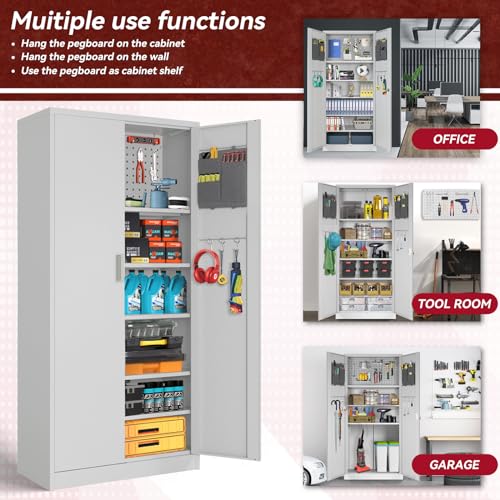 Pataku Garage Storage Cabinet Metal Locking Cabinet with Door Multifunctional with Adjustable Shelves, Pegboard, Hanging Rod, Tool Cabinet for Home, Office, Warehouse Grey