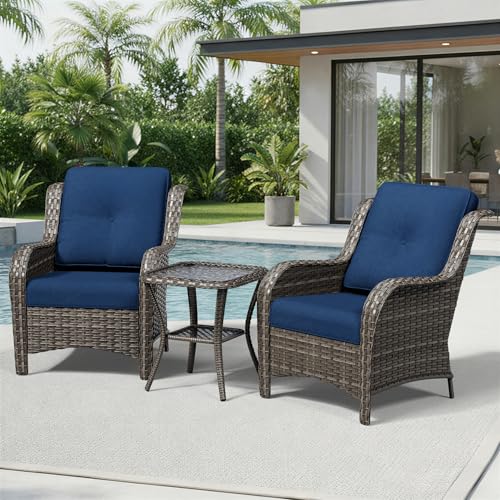 Image of Joyside 3 Piece Wicker Patio Furniture Set, Rattan Patio Chairs with High Back, Deep Seating, Wide Armrest, Thickened Cushions, Outdoor Furniture for Deck, Porch Use