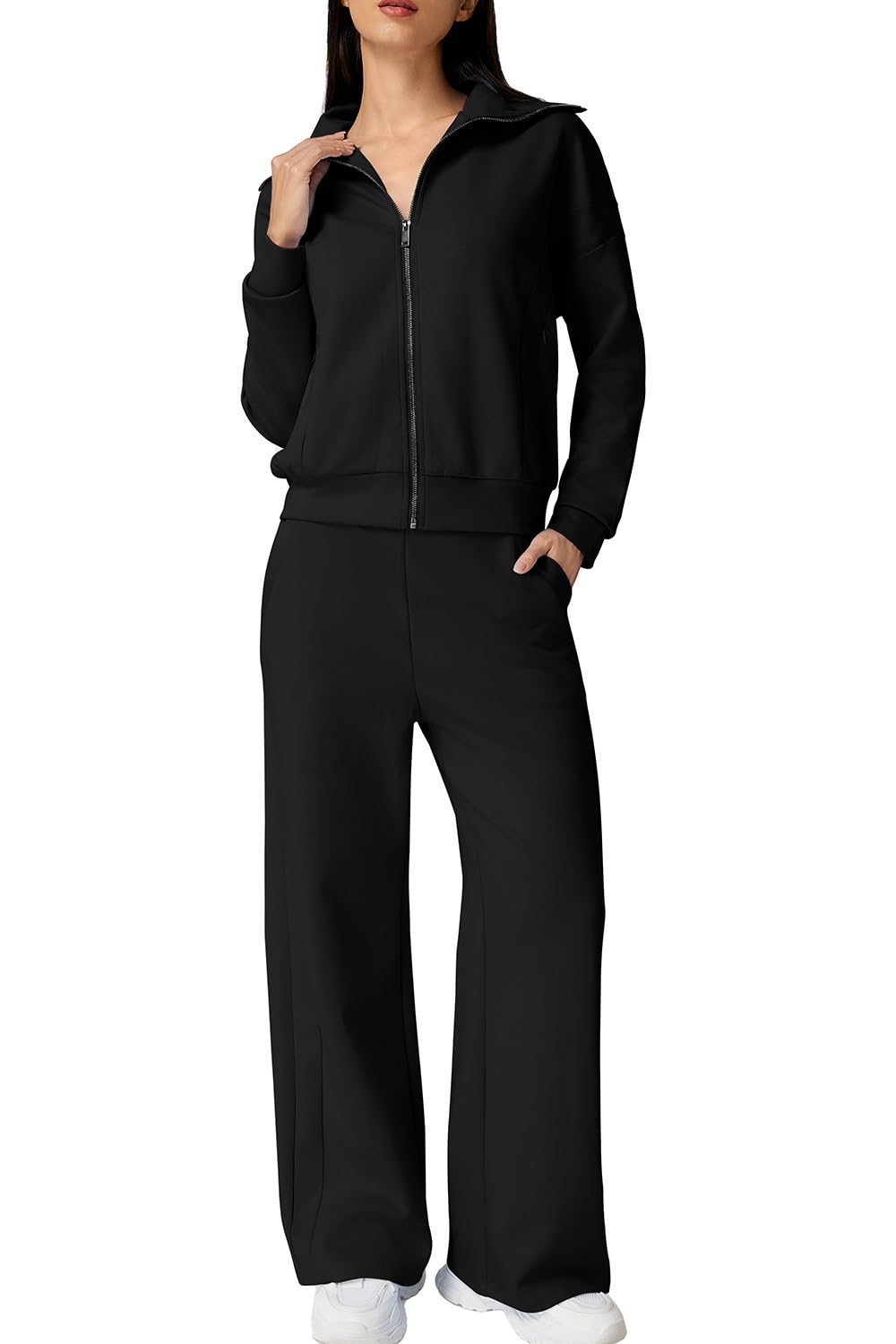 QINSEN Womens Cotton 2 Piece Outfits Lapel Long Sleeve Zip Up Sweatshirt Wide Leg Pants Matching Tracksuit Sets