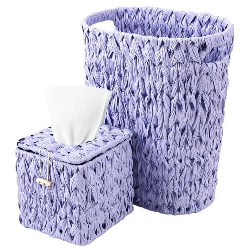 Image of Wicker Trash Can and Square Tissue Box Cover, 4 Gallon Water Hyacinth Bathroom Trash Can, Handwoven Napkin Holder,Narrow Small Waste Basket,Rustic Decorative Home Set for Bedroom,Office (Light Purple)