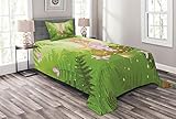 Ambesonne Cartoon Bedspread, Magic Girl with Floral Hairstyle in Green Forest Pink Butterflies, Decorative Quilted 2 Piece Coverlet Set with Pillow Sham, Twin Size, Green Pale Pink Brown