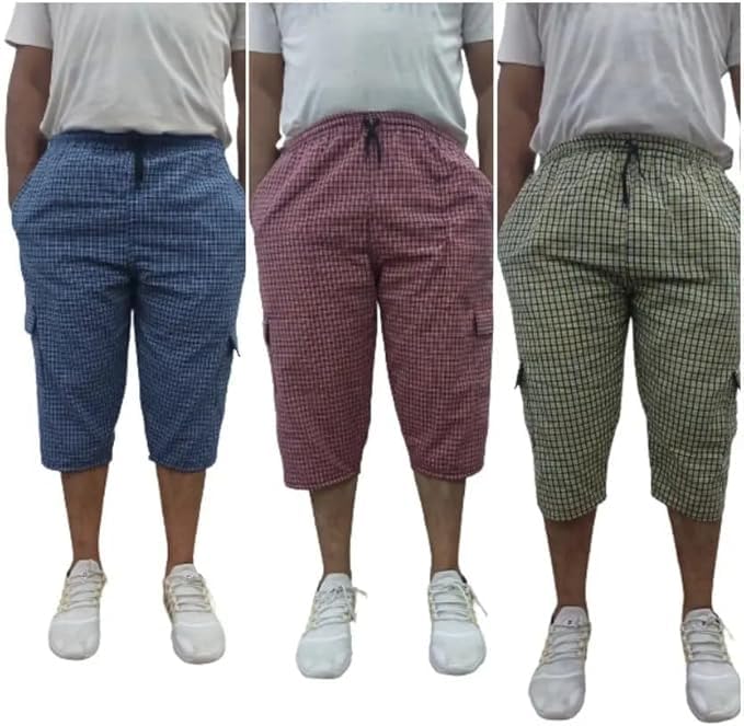 Checkered Cargo Capri Pants, Drawstring Waist, Multi-Color Pack of 3, Casual Wear.-picture-26