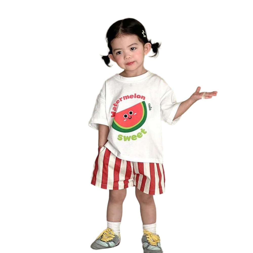 JJDFW letni zestaw ubrań dla dzieci 1-9T dziewczyny kreskówka T-shirt + szorty w paski luźna koszulka chłopięca garnitur dziecięcy strój 2 szt