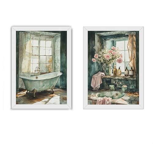 Kit 2 quadros banheiro, lavabo, toalete, vintage Mint Green (Preto)