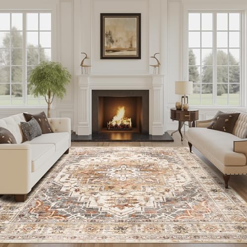 Madane 6x9 Area Rugs for Living Room, Stain Resistant Washable Rugs, Non-Slip Backing Area Rug, Vintage Home Decor Rug for Bedroom (Turmeric/Grey, 6'x9')