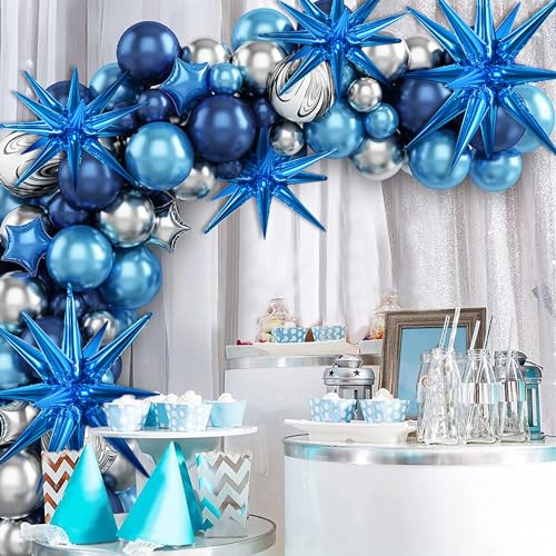 Image of TONIFUL 8 Pcs Explosion Star Balloons Blue Foil Balloon Party Decorations | 2 Size Mylar Star Balloon for Blue Party Decoration Christmas New Year Mens Birthday Wedding Baby Shower Photo Booth Supplies