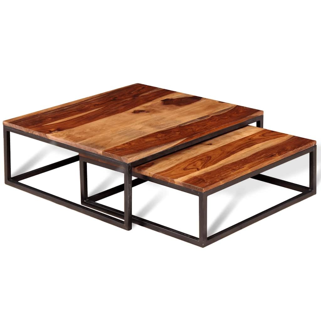 Hothingwell - Juego de mesa baja (2 unidades, madera maciza) | Estilo Retro, Acabado Mate, Madera Duro Tropical, Marco Metal Industrial, Diseño Emboitable