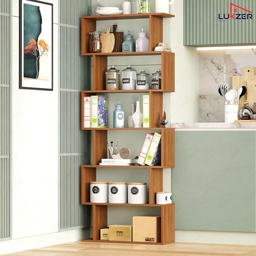 Image of Lukzer 6-Layer S-Shape Ladder Bookshelf | Engineered Wood Open Display Rack | MR-002 /Oak Brown | Modern Bookcase for Living Room, Office & Study Room /Library | Home Storage Organizer (178x70x24 cm)DIY