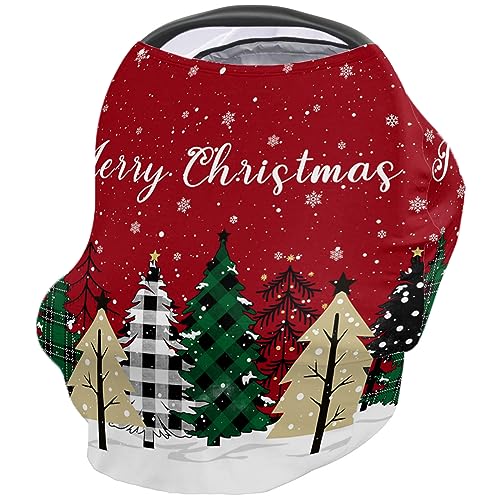 Nursing Cover for Breastfeeding Scarf, Merry Christmas Plaid Xmas Tree Snow Red Baby Car Covers Super Soft Multi Use for Canopy Shopping Cart Cover Blanket Stroller Cover