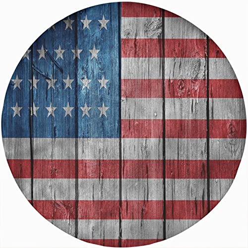 USA Elastic Edged Polyester Fitted Table Cover,Worn Style American Flag Round Fitted Tablecloth, Fits Round Table 36