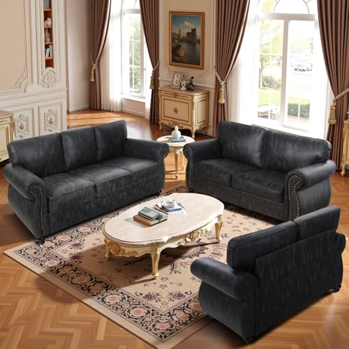 Image of Couchus 88 inch W Living Room Furniture Sets, Mid-Century Vintage Faux Leather Sofa and Couch Sets, Loveseat and Sofa Set with Nailhead Trim (Grey, 2 Loveseat+3 Seater)