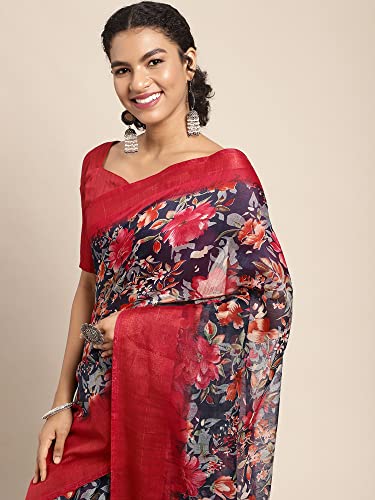 Image of AKHILAM Women's Printed Linen Zari Saree With Unstitched Blouse Piece (FF0BGBLT80001 Parent)