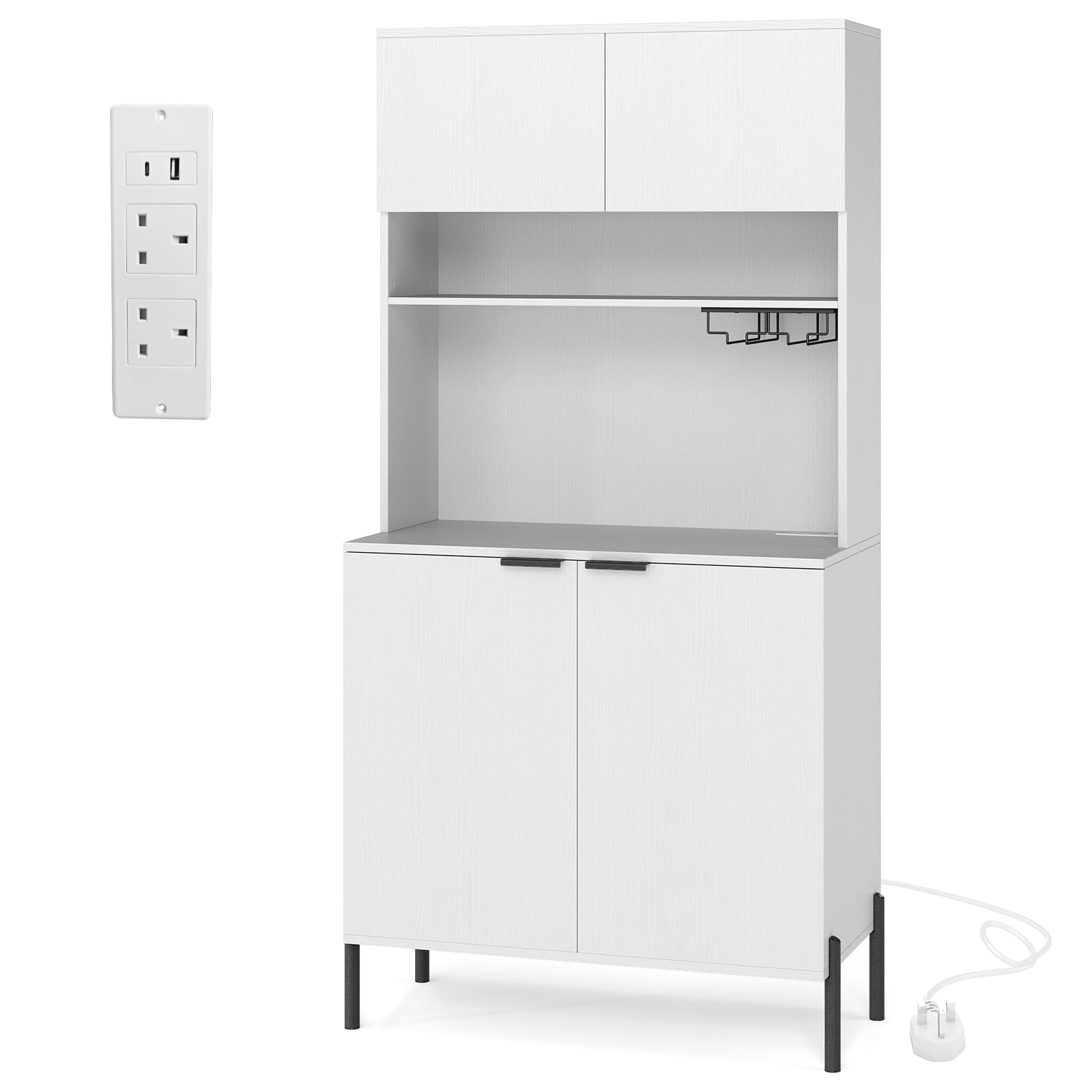 TANGZON Tall Kitchen Cupboard with Power Outlets, 4 Door Wooden Storage Sideboard with Adjustable Shelf, Glass Holder & Countertop, Freestanding Pantry Cabinet Organiser for Dining Living Room (White)