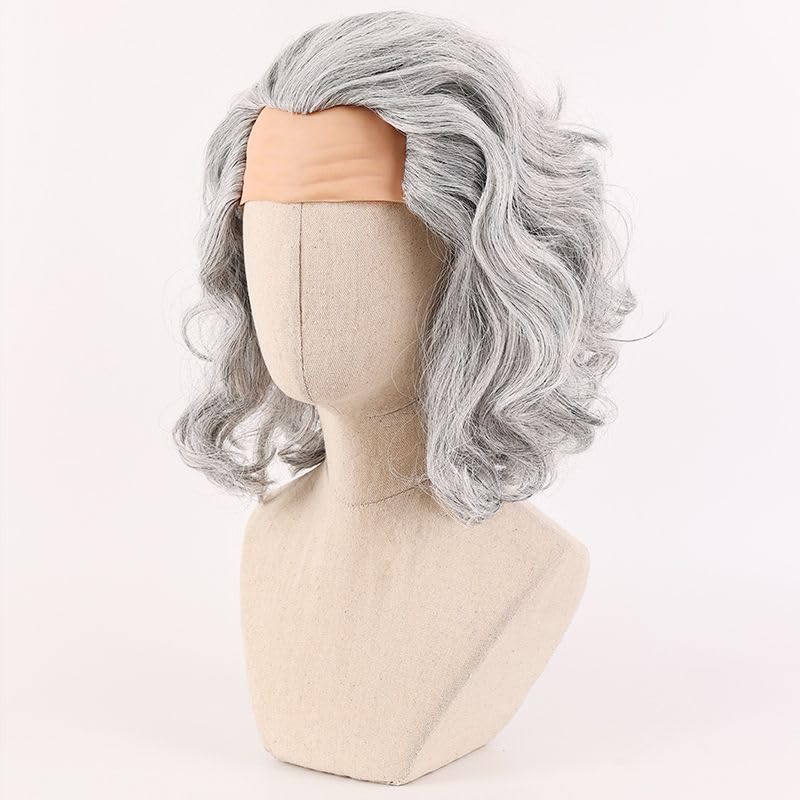 2Pcs Grey Curly Wig for Men Bald Forehead Costume Wig with Gray White Beard Wig Cap Men's Cosplay Synthetic Layered Hair Man Wigs for Costumes Cosplay Halloween Carnival Parties Anime - Image 4