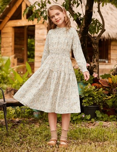 GRACE KARIN Girls Long Sleeve Fall Dress Floral High Waist Casual Midi Dresses with Pocket for 6-14 Years2