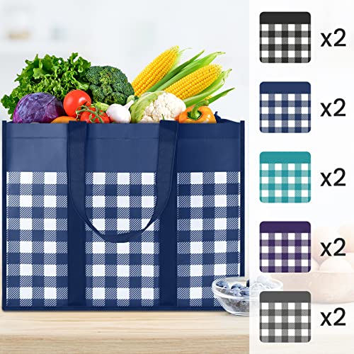 Image of StorMiracle Reusable Grocery Bags 10-Pack, Large Foldable Reusable Shopping Tote Bags Bulk for Groceries, Waterproof Kitchen Cloth Produce Bags with Long Handles, Lightweight-Plaid Style A