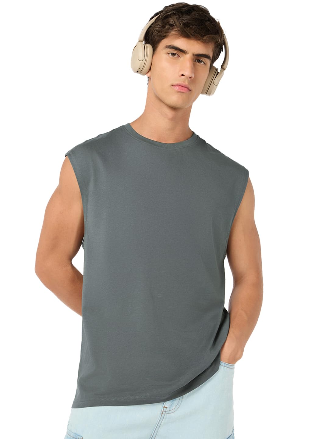 bewakoof Men's Solid Boxy Fit Sleeveless Round Neck Cotton Vest-picture-19