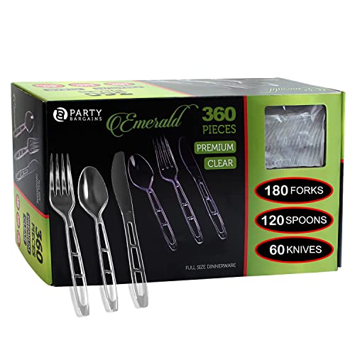 Party Bargains Emerald Clear Plastic Silverware 360 pcs Set: 180 Forks, 120 Spoons, 60 Knives. Heavy Duty Elegant Cutlery Disposable Utensils Combo Pack Fundraising, Catering, Galas, Cocktail Parties