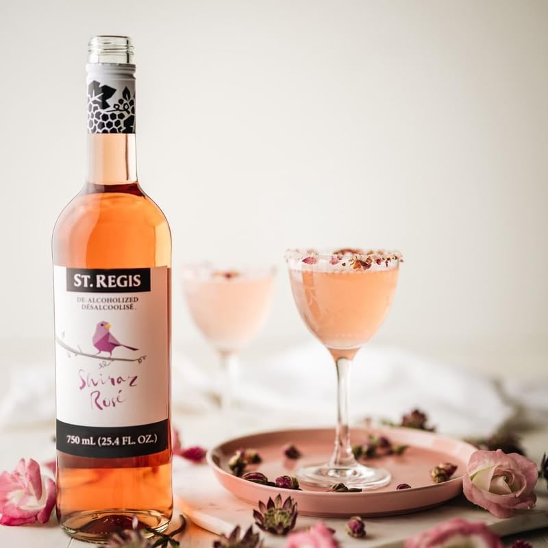 Image of ST. REGIS Non-Alcoholic Shiraz Rose - Low Calorie and Sugar - Raspberry Pink Fruity Rich Flavor from North of Spain - 25.4 fl oz (4 Pack)