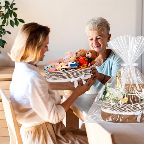 Image of Colingmill 1 Set Woven Basket for Gift Empty with Cellophane Wrap Set 14 x 10 x 5.5 Inch, Medium Decorative Gift Basket Empty to Fill, Cotton Rope Storage Box Decor (Khaki White)
