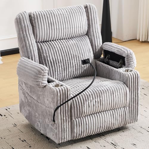 Image of Oversized Power Recliner Chair with Massage and Heat,Swivel Rocker Recliner Chair for Adults with Arm Storage,Nursery Glider Recliner with Adjustable Headrest and Side Pockets,Phone Stand,Light Grey