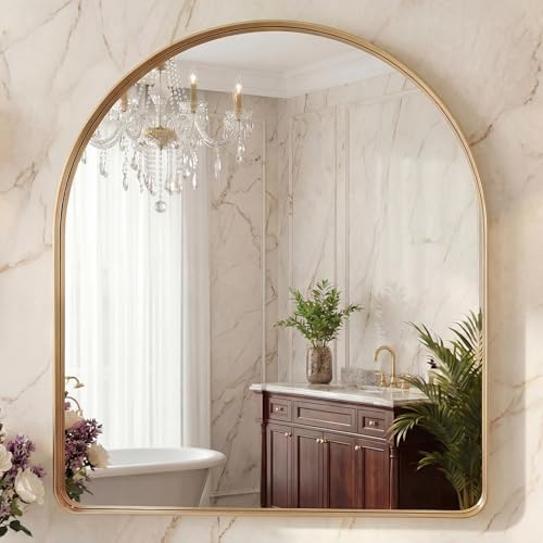 OLIXIS 34x32 Inch Arched Bathroom Wall Mirror Rounded Rectangle Gold