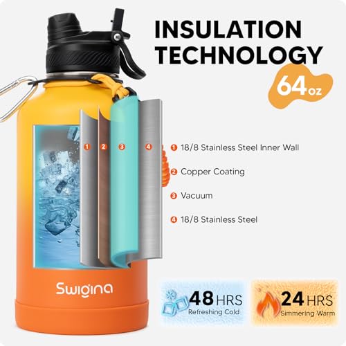 Image of Swigina [2-IN-1 LID] 64 oz Insulated Water Bottle with Silicone Boot (48hrs Cold /24hrs Hot) - DIY Stickers, Leakproof, BPA Free, Half Gallon