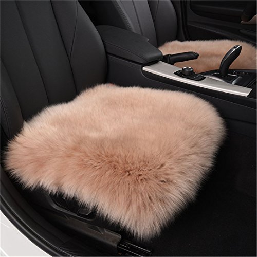 USIX 18" Luxurious Squared Sheepskin Leather with Long Plush Wool Fur Chair Car Seat Cover Cushion with Straps Pad Mat Rug for Car Front Seats, Hard Wood Chairs, Office Chairs (Light Brown)