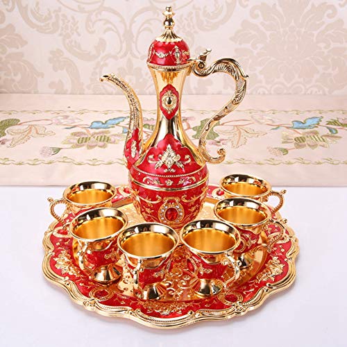 Vintage Turco caffè tè Set, Reale Teiera Turca con Vassoio e 6 Tazze da tè Vino Bere Tazza di caffè in Metallo Bicchieri da tè Set Caffettiera Marocchina per Casa caffè tè Partito (Rosso)