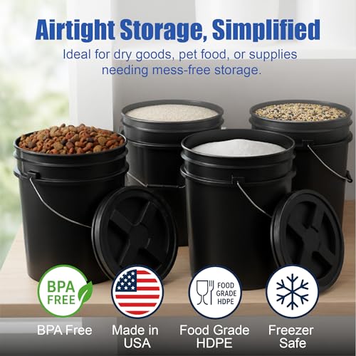 Image of ePackageSupply 5 Gallon Bucket - Food Grade Bucket BPA-Free, Black, 3 Pack | Metal Handle Grip, Heavy-Duty 90 Mil HDPE Plastic Pail, Food Safe Stackable Utility Container, Lid Not Included, Made in USA
