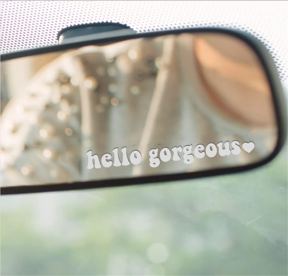4Pcs White10cm Hello Gorgeous Love Mirror Decal Rear View Mirror Decal Miniature Car Sticker Wall Decal Gift for Women Automotive Decals, Decals，Bumper Stickers, Decals and Magnets