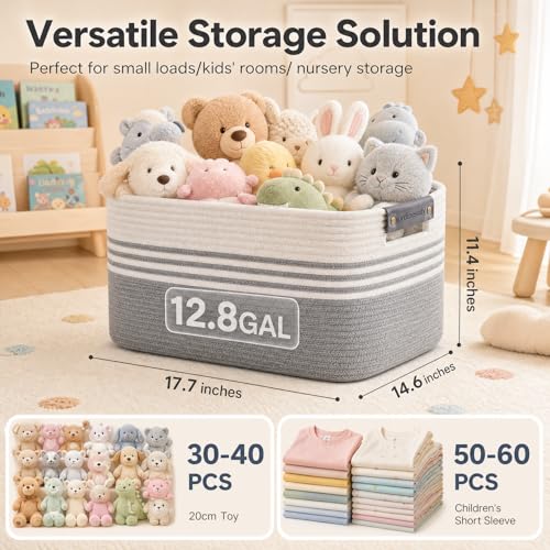 Image of Cotton Rope Laundry Basket Small, 12.8GAL Collapsible Woven Storage Baskets for Living Room Kids Toys Stuffed Animal,Boho Rectangular Decorative Short Hamper for Dirty Clothes, Blankets White Grey