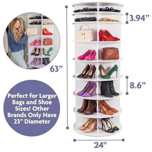 Magnolia Styles Rotating Shoe Rack Tower 360-32 Pair, 8 Tiers, Reachable Spinning Shoe Rack Tower. Rotating Storage Tower, Bookshelf, Handbag Holder (8 Tier Standard Size) 5ft, 3in.