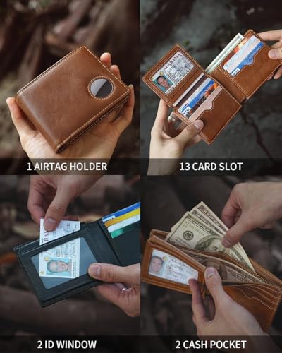 Mens Wallet with AirTag Holder, Genuine Leather Bifold RFID Blocking Wallet for Men - 2 ID Window 13 Cards Holders 1 Gift Box, AirTag Not Included3