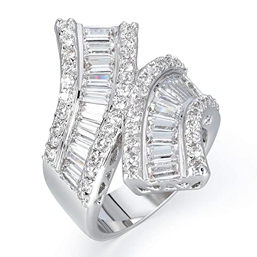 Jewelry Silver Tone Rhodium Plated Cubic Zirconia Double-Band Curved Ring