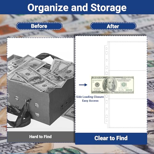 Image of 360 Pockets Acid Free Currency Sleeves, 60 Pack Dollar Bill Sleeves for Collecting Cash, Banknotes or Coupons, Fit for 3 Ring Binder Currency Album, Non Stick and Non Glare