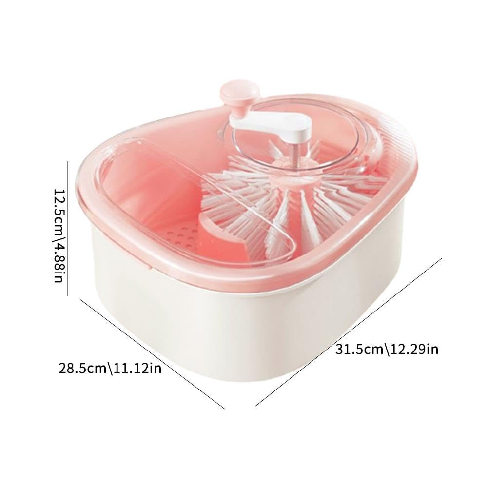 Fruit Washer Spinner Bowl with Brush, Double Layer Large Capacity Fruit Washer Spinner with Lid and Drain Basket, Multifunctional Fruit Cleaner Container and Storage for Home Kitchen (Pink)