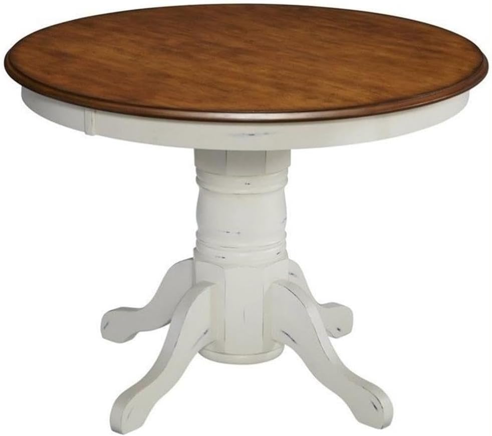 BOWERY HILL Small Solid Wood Round Dining Table for 4 People, Vintage Dining Table with Pedestal Legs in Off White with Brown Top