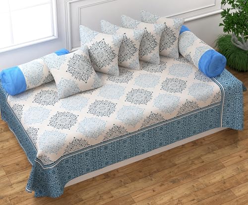 Image of FRESH FROM LOOM Cotton Reversible Diwan Set Blue - 1 Single Bedsheet with 2 Bolster Covers and 5 Cushion Covers (8pc Set)