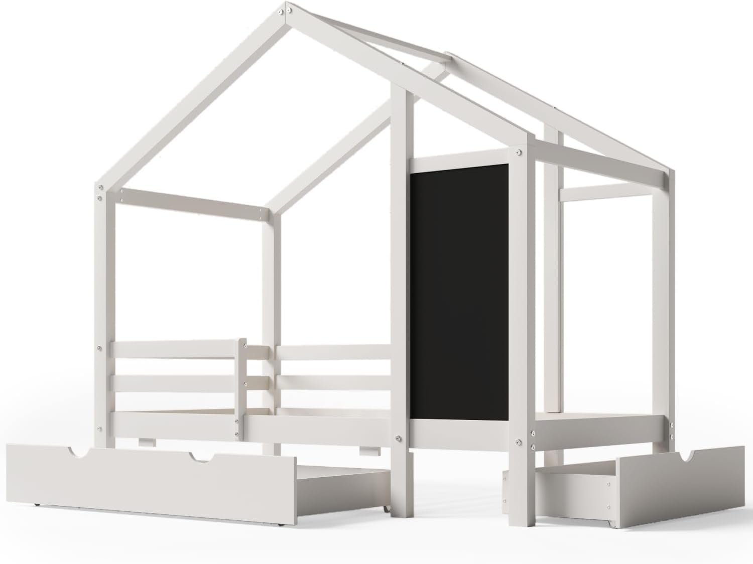 Twin House Bed with Blackboard and Drawers, Two Assembly Options, White White Combining Practicality and Creativity Child's Bedroom Family-Friendly