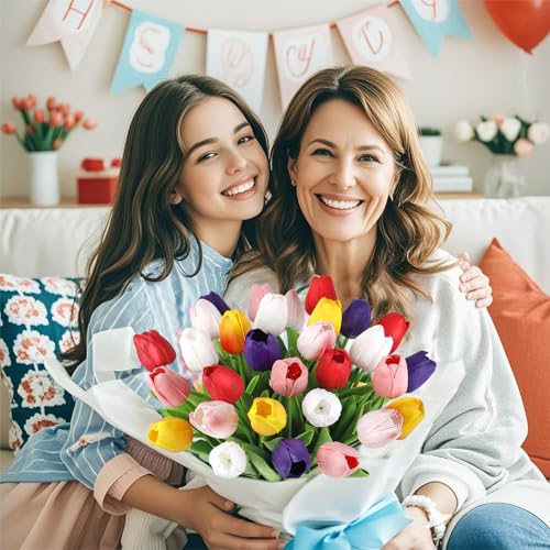Image of Bassion 30 Pcs Multicolor Fake Tulips Artificial Flowers for Decoration | Real touch, PU faux tulips flowers, artificial plants indoor, for home decor wedding Mother's Day spring Easter decorations