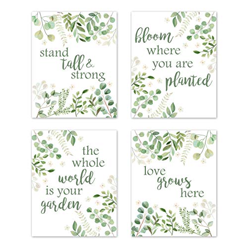 Image of Sweet Jojo Designs Floral Leaf Wall Art Prints Room Decor for Baby, Nursery, and Kids - Set of 4 - Green and White Boho Watercolor Floral Leaf Botanical Woodland Tropical Garden