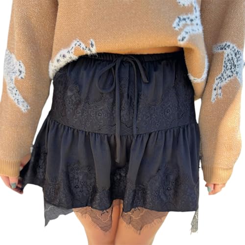 wdehow Women Y2K Lace Mini Skirt Low Rise Ruffle Pleated Layered Flowy Short Skirts