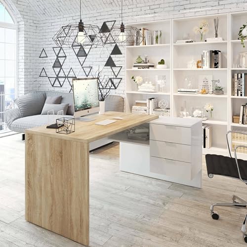 Dmora - Bureau Greensboro Réversible Multifonctionnel, Table d'Angle Avec Support PC et Tiroirs, 145x108h73 cm, Chêne et Blanc