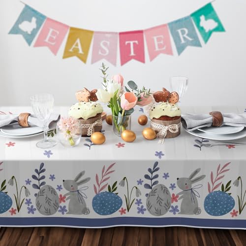 Image of Confettiville Easter Tablecloth, 2-Pack Disposable Easter Table Cloths, Easter Bunny and Eggs Table Covers, 54 x 108 Inches, Easter Party Decorations