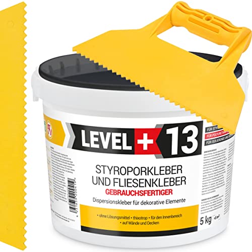 LEVEL PLUS Adhesivo de Poliestireno 5 kg + Espátula de Plástico con Dientes Triangulares, Adhesivo para Renovación, Dispersión, Montaje RM13 KT