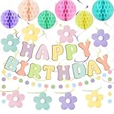 Amandir Pastel Birthday Decorations for Girls Women, Happy Birthday Banner with Honeycomb Balls, Daisy Flowers Hanging Swirls, Circle Dots Garland, Pastel Spring Easter Party Decorations Supplies