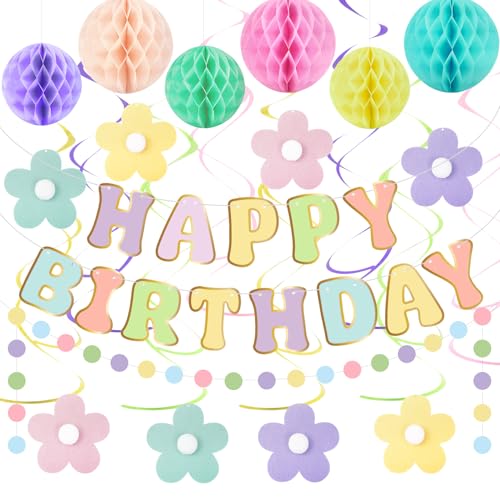 Amandir Pastel Birthday Decorations for Girls Women, Happy Birthday Banner with Honeycomb Balls, Daisy Flowers Hanging Swirls, Circle Dots Garland, Pastel Spring Easter Party Decorations Supplies