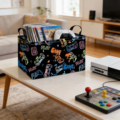 Image of Rectangular Storage Basket Fabric Organizer Bin for Toys,Books,Clothes,Gifts,Pets-Perfect for Home,Office,Nursery,Dorm,Shelf(Rec-Game)